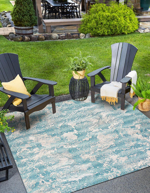 Aqua Blue 7' 10 x 7' 10 Outdoor Modern Square Area Rug Weather Resistant for Patio, Deck, Terrace, Balcony, Porch 100% Polypropylene Modern Outside Carpet for Sale at Rug Engine