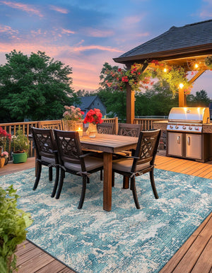 Aqua Blue 7' 10 x 7' 10 Outdoor Modern Square Area Rug Weather Resistant for Patio, Deck, Terrace, Balcony, Porch 100% Polypropylene Modern Outside Carpet for Sale at Rug Engine