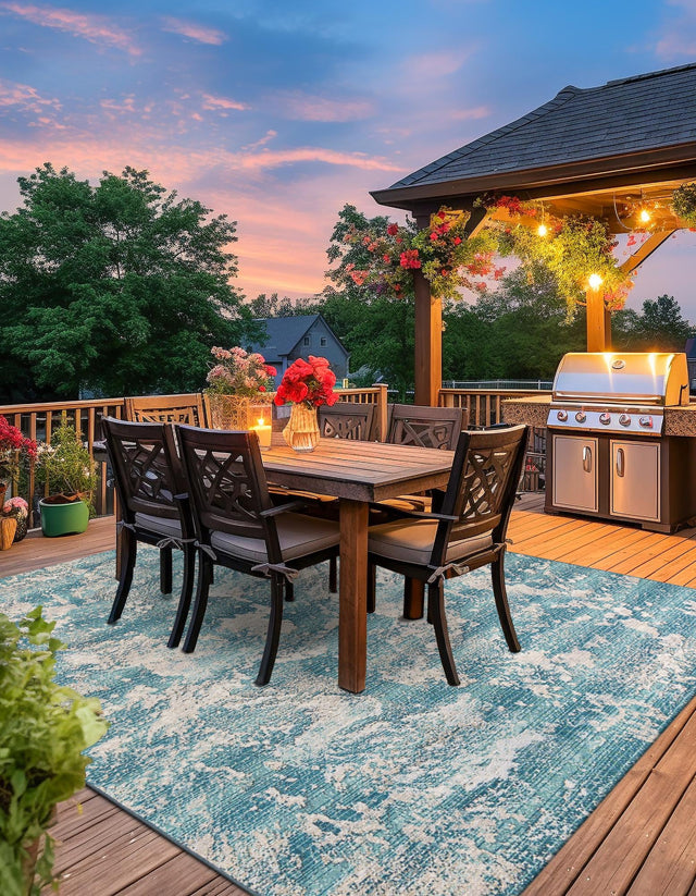 Aqua Blue 7' 10 x 7' 10 Outdoor Modern Square Area Rug Weather Resistant for Patio, Deck, Terrace, Balcony, Porch 100% Polypropylene Modern Outside Carpet for Sale at Rug Engine
