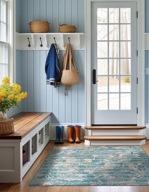 Aqua Blue 10' x 10' Outdoor Modern Square Area Rug Weather Resistant for Patio, Deck, Terrace, Balcony, Porch 100% Polypropylene Modern Outside Carpet for Sale at Rug Engine