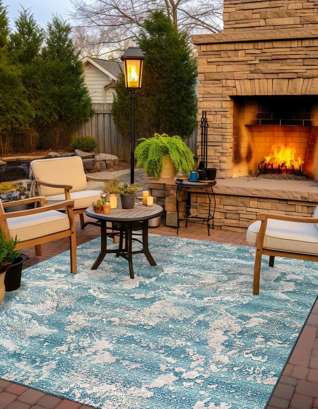 Aqua Blue 7' 10 x 7' 10 Outdoor Modern Square Area Rug Weather Resistant for Patio, Deck, Terrace, Balcony, Porch 100% Polypropylene Modern Outside Carpet for Sale at Rug Engine