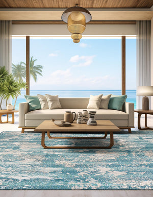 Aqua Blue 7' 10 x 7' 10 Outdoor Modern Square Area Rug Weather Resistant for Patio, Deck, Terrace, Balcony, Porch 100% Polypropylene Modern Outside Carpet for Sale at Rug Engine