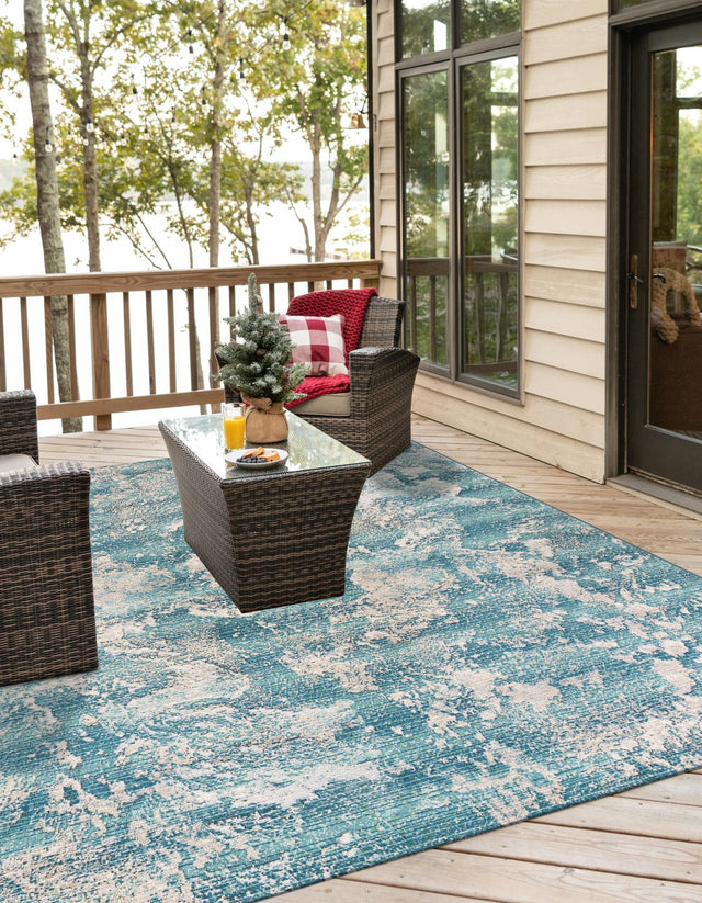 Aqua Blue 7' 10 x 7' 10 Outdoor Modern Square Area Rug Weather Resistant for Patio, Deck, Terrace, Balcony, Porch 100% Polypropylene Modern Outside Carpet for Sale at Rug Engine