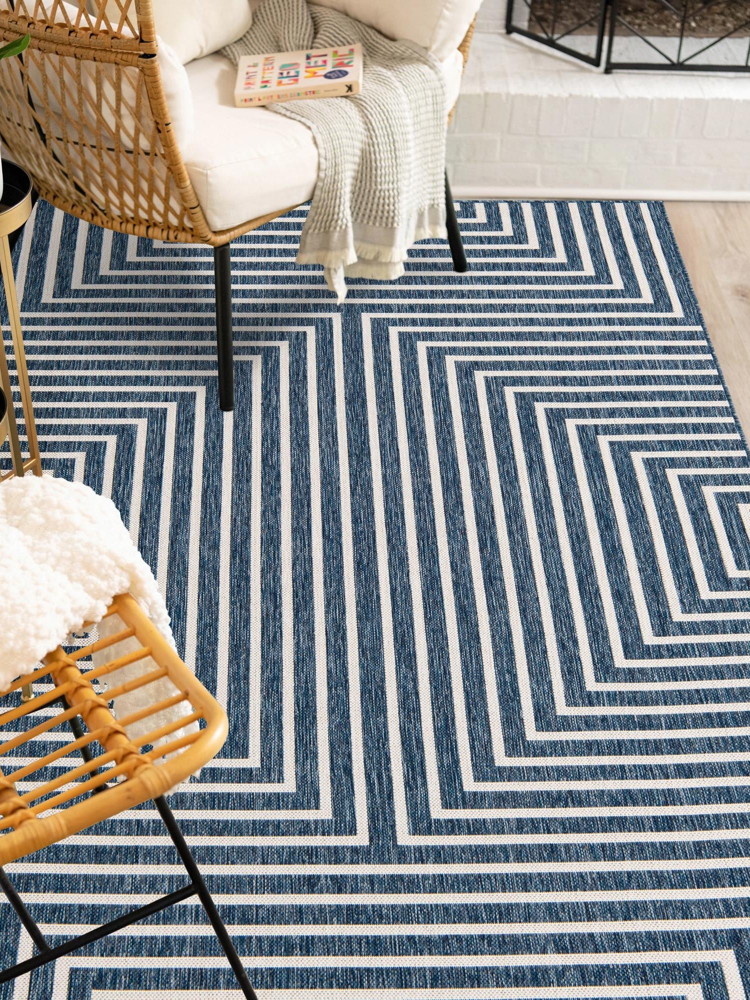 Blue 10' x 14' 1 Outdoor Modern Rectangle Area Rug Weather Resistant for Patio, Deck, Terrace, Balcony, Porch 100% Polypropylene Modern Outside Carpet for Sale at Rug Engine