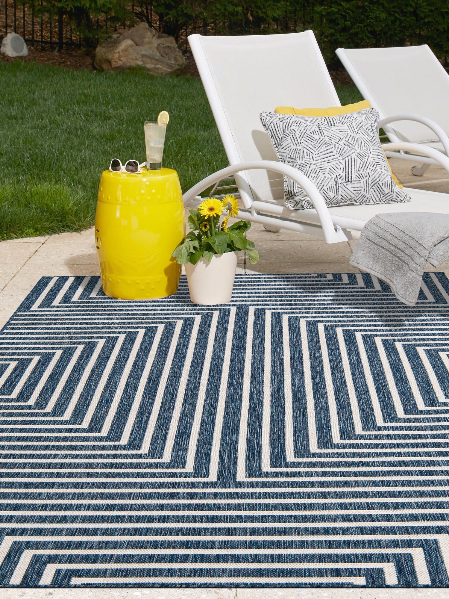 Blue 4' 1 x 6' 1 Outdoor Modern Rectangle Area Rug Weather Resistant for Patio, Deck, Terrace, Balcony, Porch 100% Polypropylene Modern Outside Carpet for Sale at Rug Engine