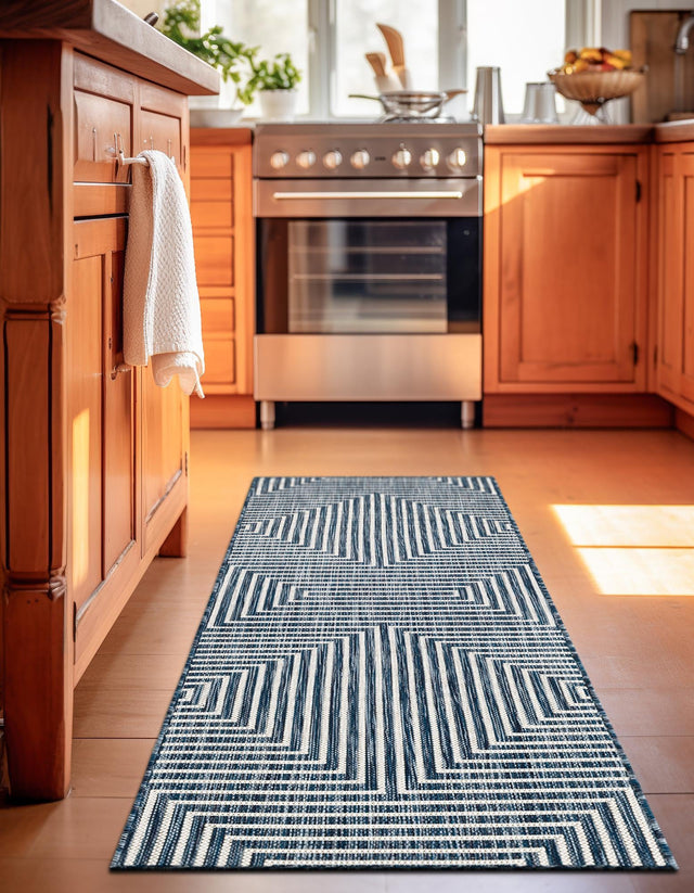 Blue 2' x 8' Outdoor Modern Runner Area Rug Weather Resistant for Patio, Deck, Terrace, Balcony, Porch 100% Polypropylene Modern Outside Carpet for Sale at Rug Engine