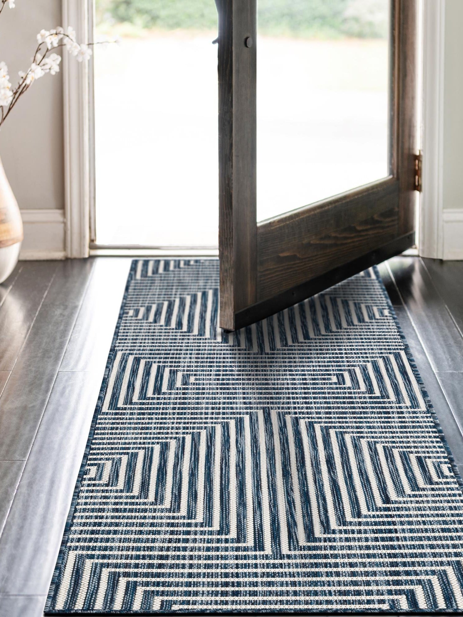 Blue 2' x 6' 1 Outdoor Modern Runner Area Rug Weather Resistant for Patio, Deck, Terrace, Balcony, Porch 100% Polypropylene Modern Outside Carpet for Sale at Rug Engine