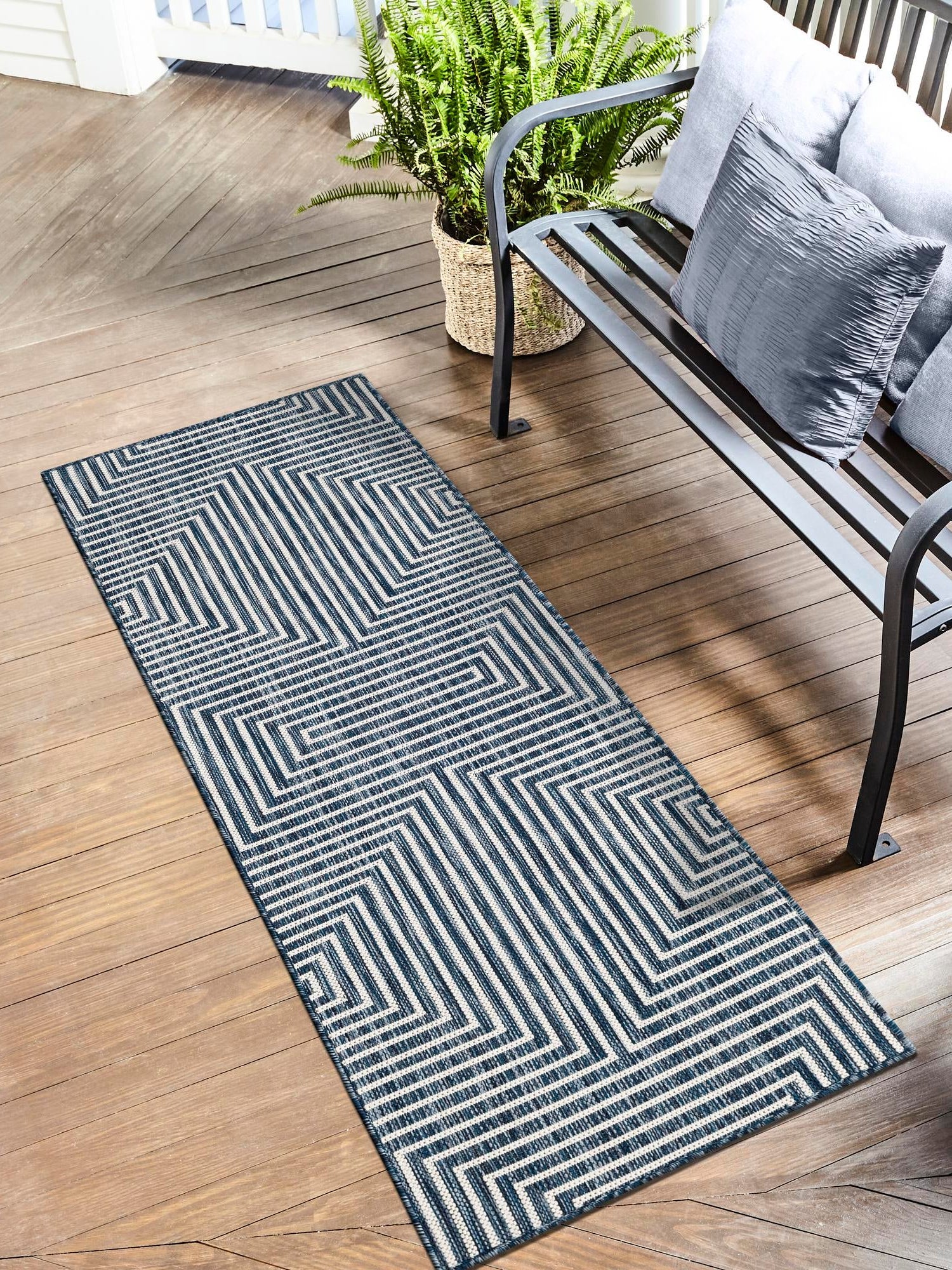 Blue 2' x 6' 1 Outdoor Modern Runner Area Rug Weather Resistant for Patio, Deck, Terrace, Balcony, Porch 100% Polypropylene Modern Outside Carpet for Sale at Rug Engine