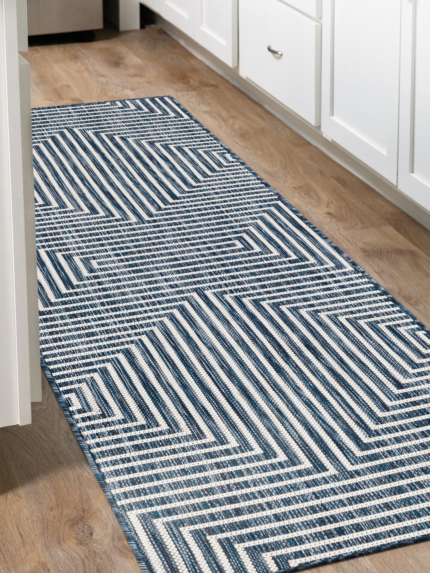 Blue 2' 7 x 12' Outdoor Modern Runner Area Rug Weather Resistant for Patio, Deck, Terrace, Balcony, Porch 100% Polypropylene Modern Outside Carpet for Sale at Rug Engine