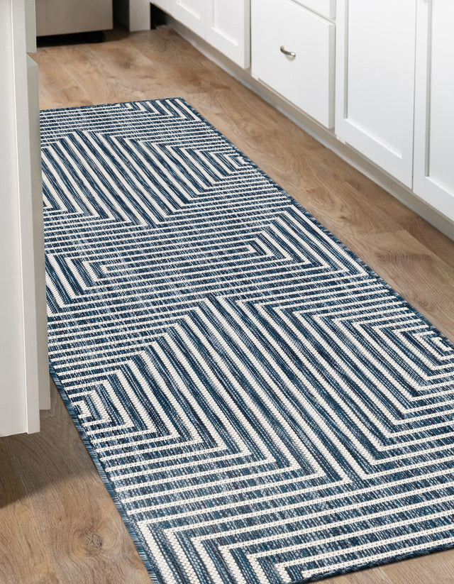 Blue 2' x 8' Outdoor Modern Runner Area Rug Weather Resistant for Patio, Deck, Terrace, Balcony, Porch 100% Polypropylene Modern Outside Carpet for Sale at Rug Engine