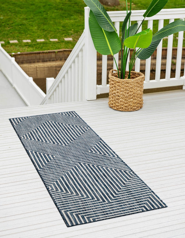 Blue 2' 7 x 12' Outdoor Modern Runner Area Rug Weather Resistant for Patio, Deck, Terrace, Balcony, Porch 100% Polypropylene Modern Outside Carpet for Sale at Rug Engine