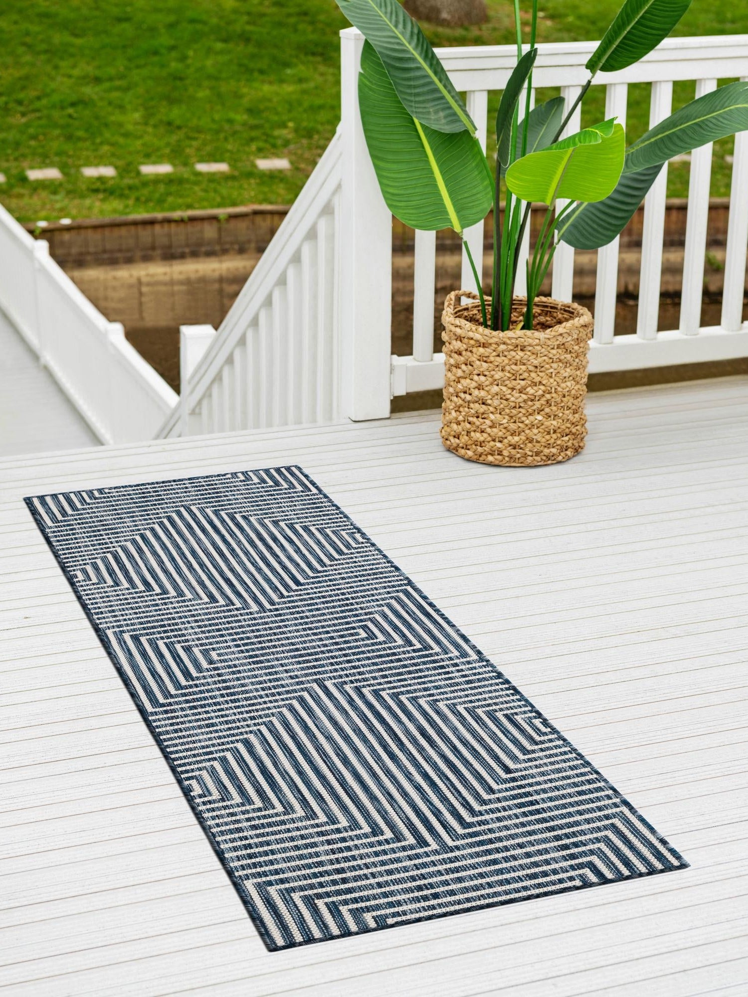 Blue 2' x 8' Outdoor Modern Runner Area Rug Weather Resistant for Patio, Deck, Terrace, Balcony, Porch 100% Polypropylene Modern Outside Carpet for Sale at Rug Engine