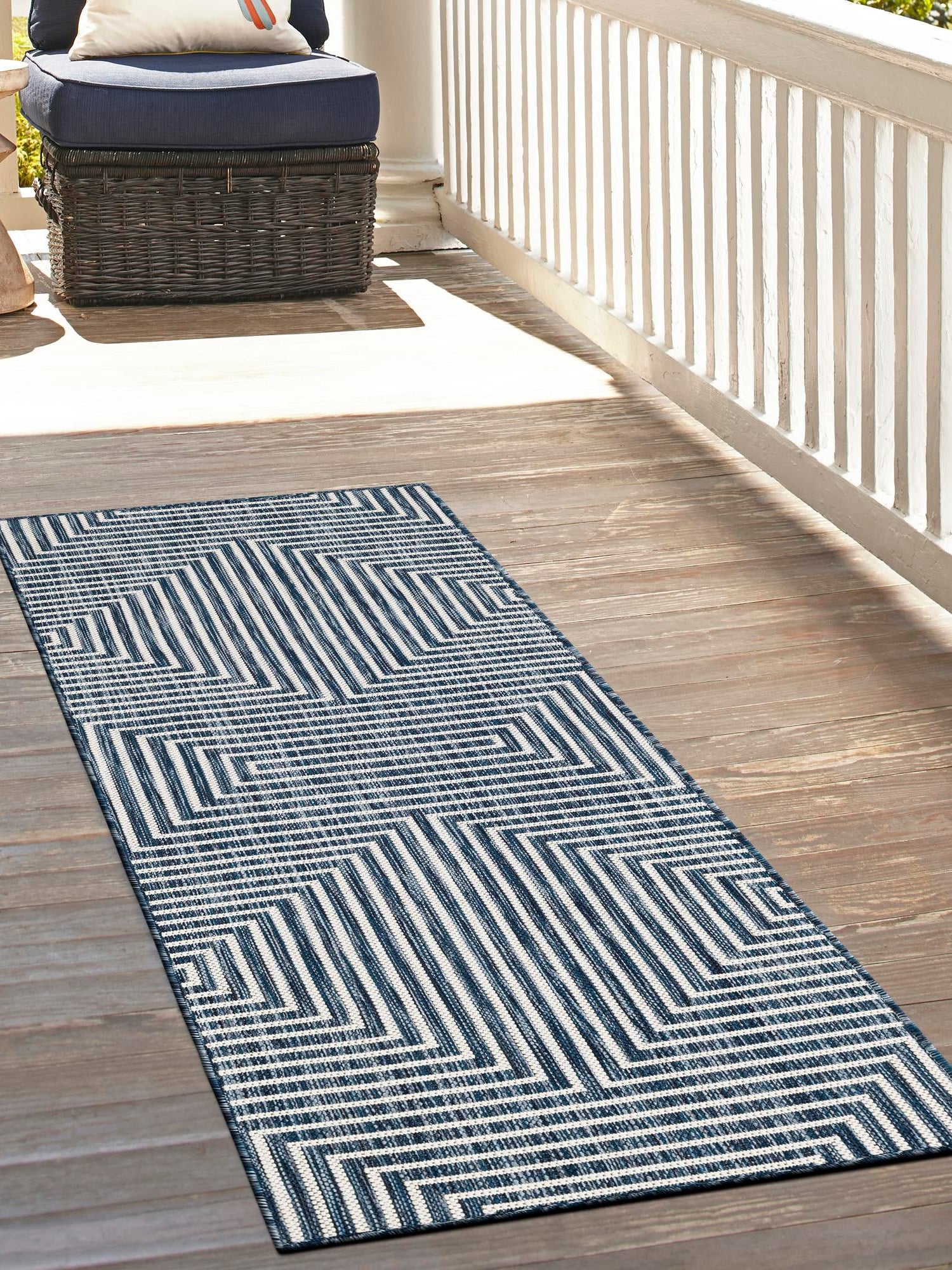 Blue 2' x 6' 1 Outdoor Modern Runner Area Rug Weather Resistant for Patio, Deck, Terrace, Balcony, Porch 100% Polypropylene Modern Outside Carpet for Sale at Rug Engine