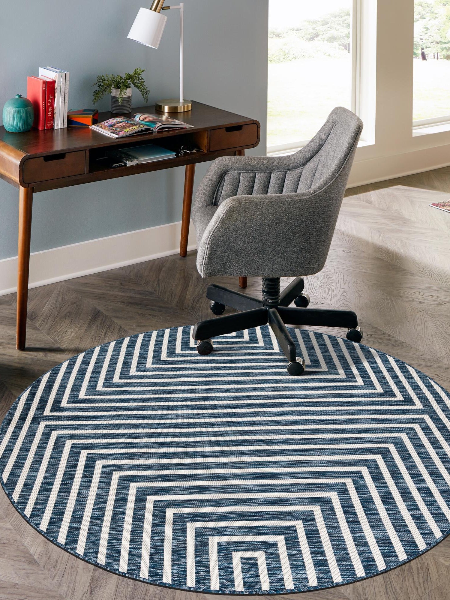 Blue 3' 1 x 3' 1 Outdoor Modern Round Area Rug Weather Resistant for Patio, Deck, Terrace, Balcony, Porch 100% Polypropylene Modern Outside Carpet for Sale at Rug Engine