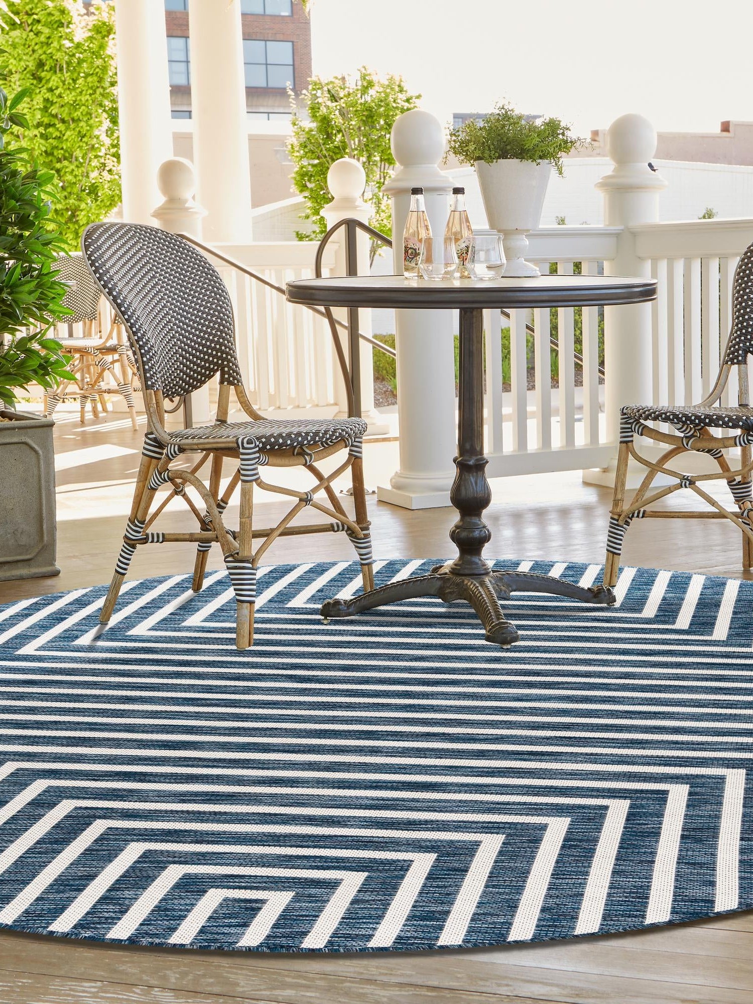 Blue 7' 10 x 7' 10 Outdoor Modern Round Area Rug Weather Resistant for Patio, Deck, Terrace, Balcony, Porch 100% Polypropylene Modern Outside Carpet for Sale at Rug Engine