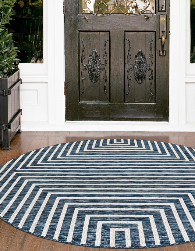 Blue 6' 1 x 6' 1 Outdoor Modern Round Area Rug Weather Resistant for Patio, Deck, Terrace, Balcony, Porch 100% Polypropylene Modern Outside Carpet for Sale at Rug Engine