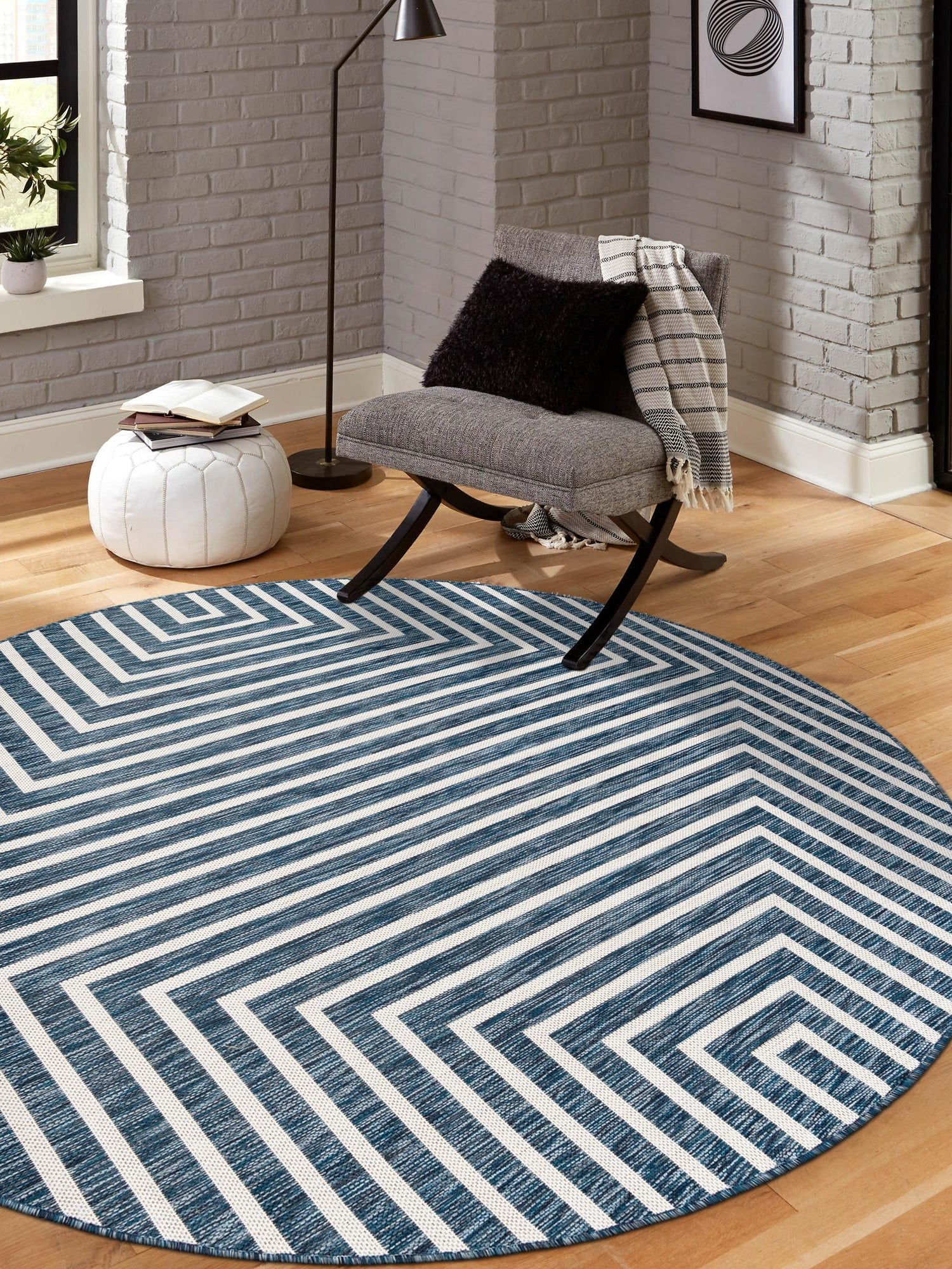 Blue 10' x 10' Outdoor Modern Round Area Rug Weather Resistant for Patio, Deck, Terrace, Balcony, Porch 100% Polypropylene Modern Outside Carpet for Sale at Rug Engine