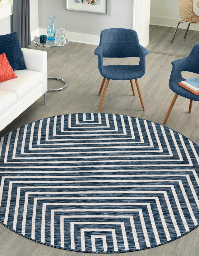 Blue 6' 1 x 6' 1 Outdoor Modern Round Area Rug Weather Resistant for Patio, Deck, Terrace, Balcony, Porch 100% Polypropylene Modern Outside Carpet for Sale at Rug Engine