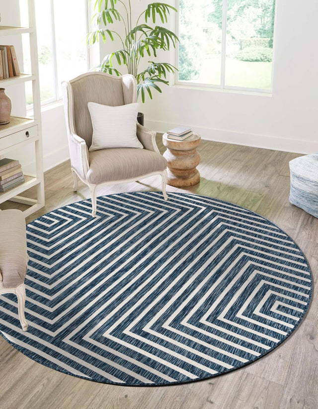 Blue 6' 1 x 6' 1 Outdoor Modern Round Area Rug Weather Resistant for Patio, Deck, Terrace, Balcony, Porch 100% Polypropylene Modern Outside Carpet for Sale at Rug Engine