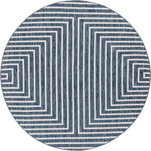 Blue 7' 10 x 7' 10 Outdoor Modern Round Area Rug Weather Resistant for Patio, Deck, Terrace, Balcony, Porch 100% Polypropylene Modern Outside Carpet for Sale at Rug Engine