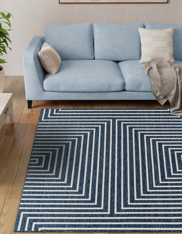 Blue 7' 10 x 7' 10 Outdoor Modern Square Area Rug Weather Resistant for Patio, Deck, Terrace, Balcony, Porch 100% Polypropylene Modern Outside Carpet for Sale at Rug Engine