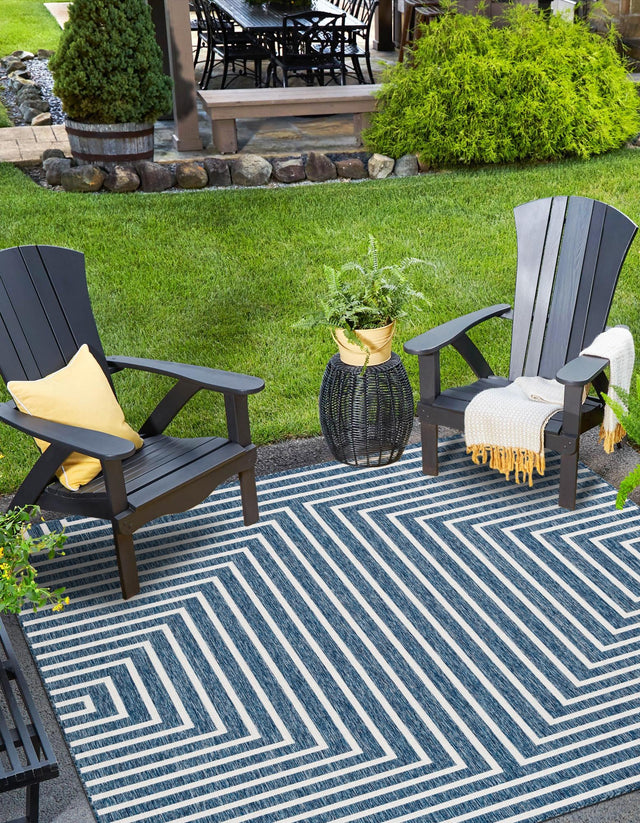 Blue 7' 10 x 7' 10 Outdoor Modern Square Area Rug Weather Resistant for Patio, Deck, Terrace, Balcony, Porch 100% Polypropylene Modern Outside Carpet for Sale at Rug Engine
