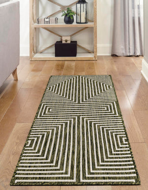 Green 2' x 4' 1 Outdoor Modern Runner Area Rug Weather Resistant for Patio, Deck, Terrace, Balcony, Porch 100% Polypropylene Modern Outside Carpet for Sale at Rug Engine