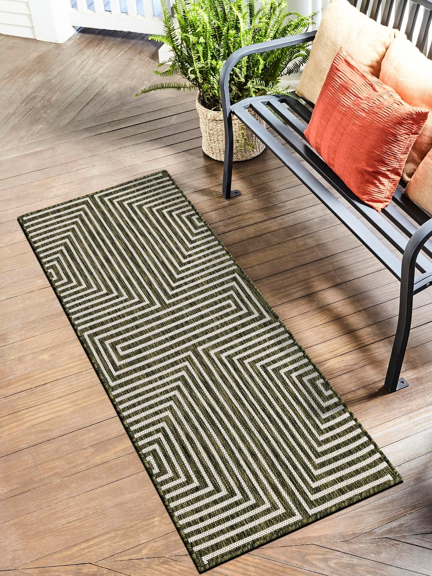 Green 2' x 8' Outdoor Modern Runner Area Rug Weather Resistant for Patio, Deck, Terrace, Balcony, Porch 100% Polypropylene Modern Outside Carpet for Sale at Rug Engine