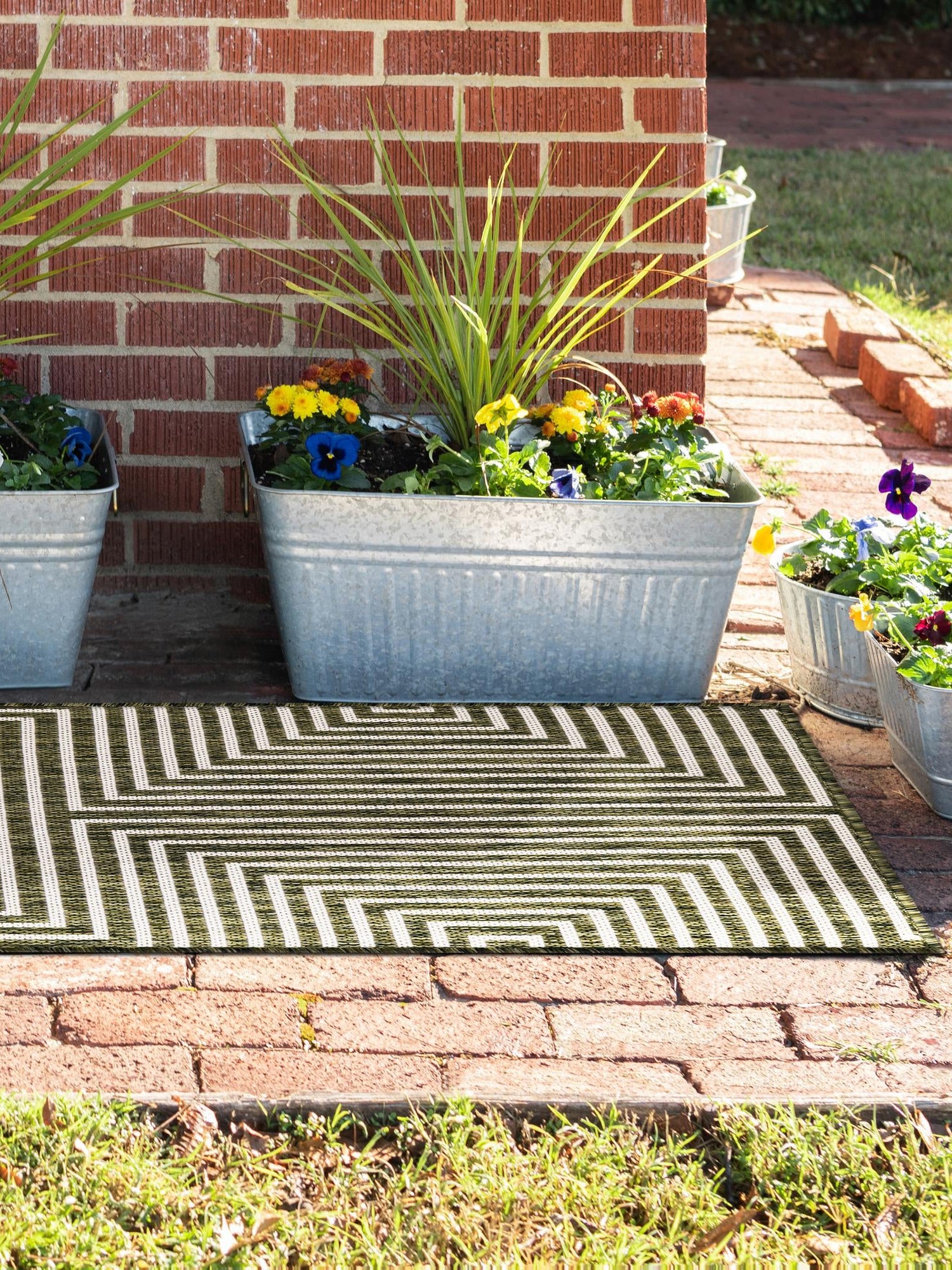Green 2' x 8' Outdoor Modern Runner Area Rug Weather Resistant for Patio, Deck, Terrace, Balcony, Porch 100% Polypropylene Modern Outside Carpet for Sale at Rug Engine