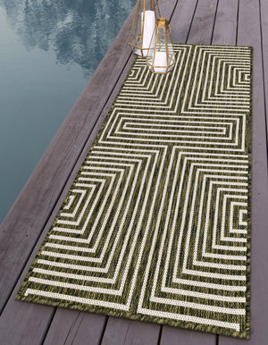 Green 2' x 6' 1 Outdoor Modern Runner Area Rug Weather Resistant for Patio, Deck, Terrace, Balcony, Porch 100% Polypropylene Modern Outside Carpet for Sale at Rug Engine