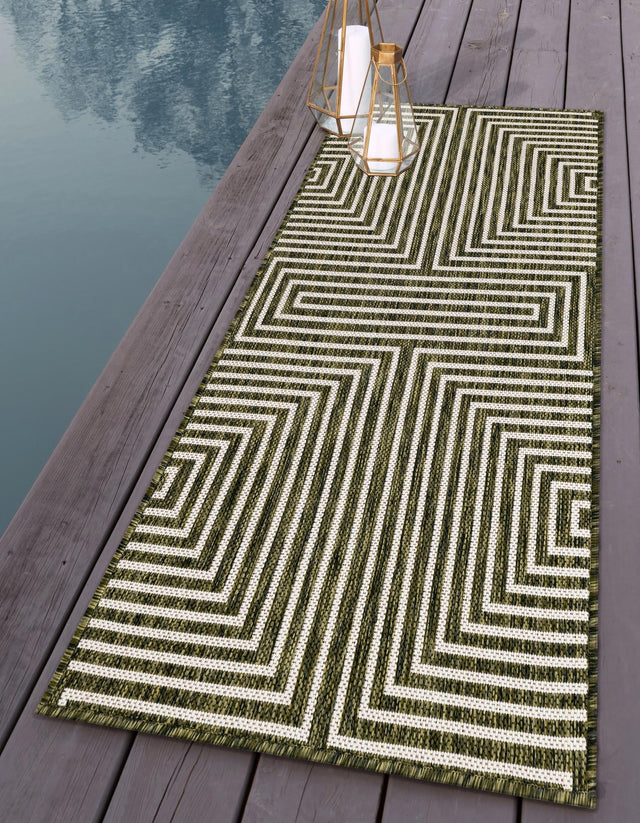 Green 2' x 6' 1 Outdoor Modern Runner Area Rug Weather Resistant for Patio, Deck, Terrace, Balcony, Porch 100% Polypropylene Modern Outside Carpet for Sale at Rug Engine