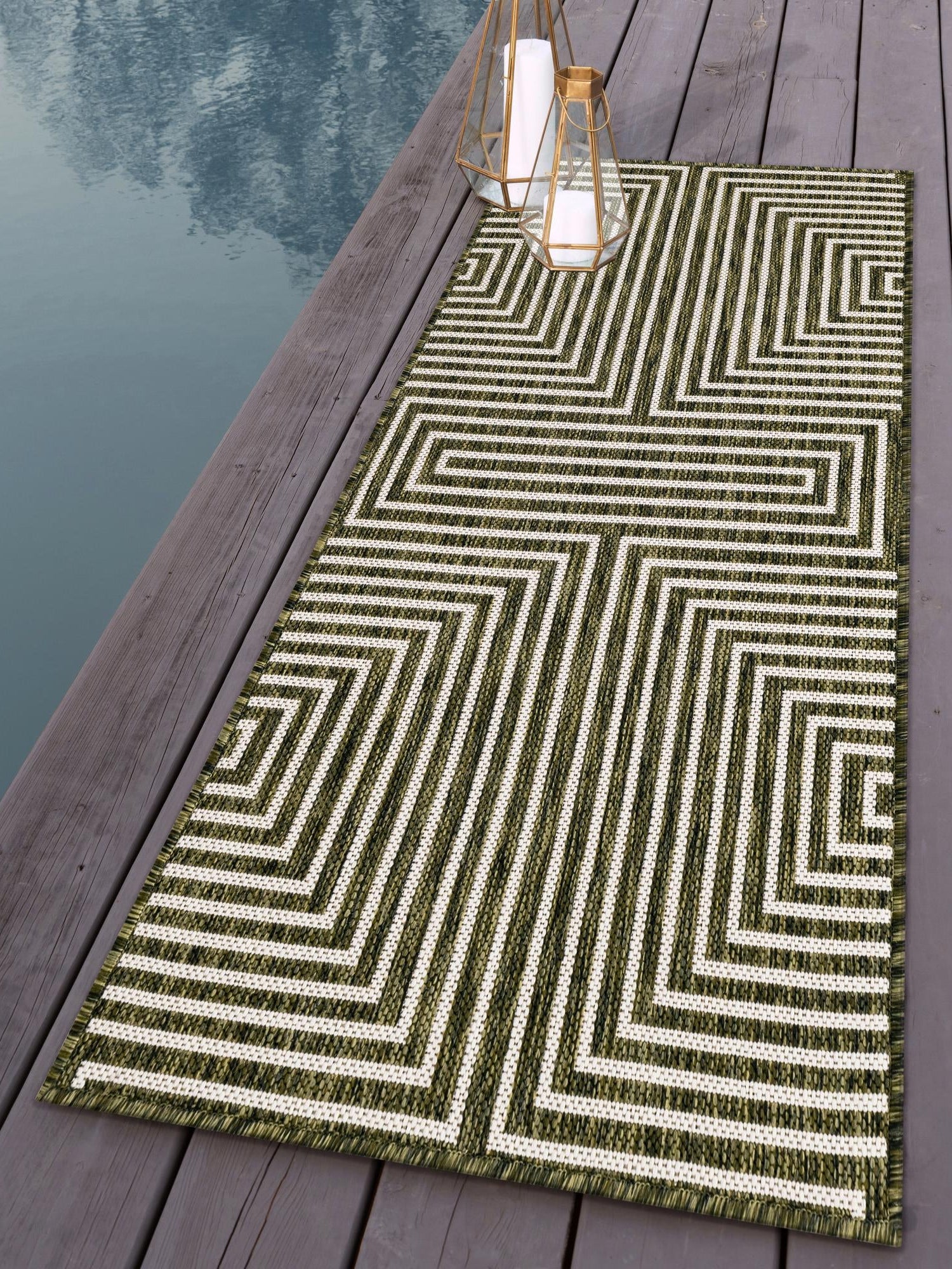 Green 2' x 8' Outdoor Modern Runner Area Rug Weather Resistant for Patio, Deck, Terrace, Balcony, Porch 100% Polypropylene Modern Outside Carpet for Sale at Rug Engine