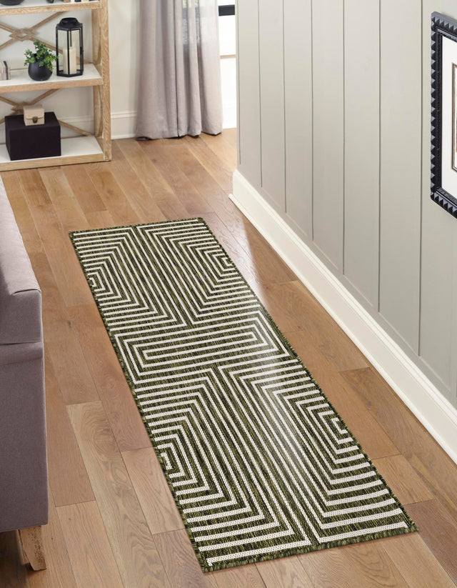 Green 2' x 6' 1 Outdoor Modern Runner Area Rug Weather Resistant for Patio, Deck, Terrace, Balcony, Porch 100% Polypropylene Modern Outside Carpet for Sale at Rug Engine