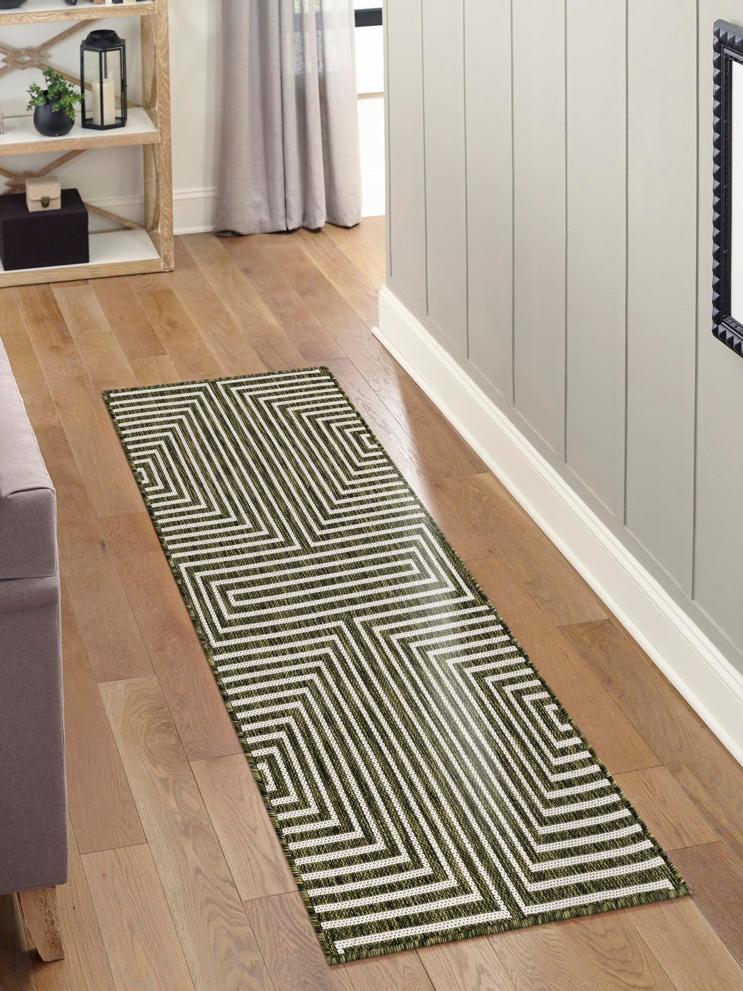 Green 2' x 8' Outdoor Modern Runner Area Rug Weather Resistant for Patio, Deck, Terrace, Balcony, Porch 100% Polypropylene Modern Outside Carpet for Sale at Rug Engine