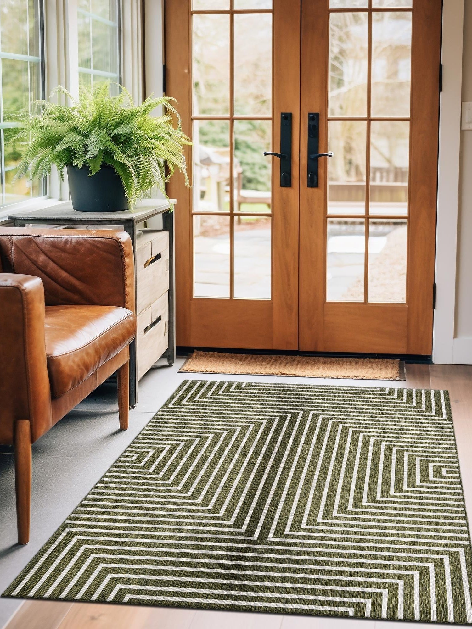 Green 5' 3 x 7' 1 Outdoor Modern Rectangle Area Rug Weather Resistant for Patio, Deck, Terrace, Balcony, Porch 100% Polypropylene Modern Outside Carpet for Sale at Rug Engine