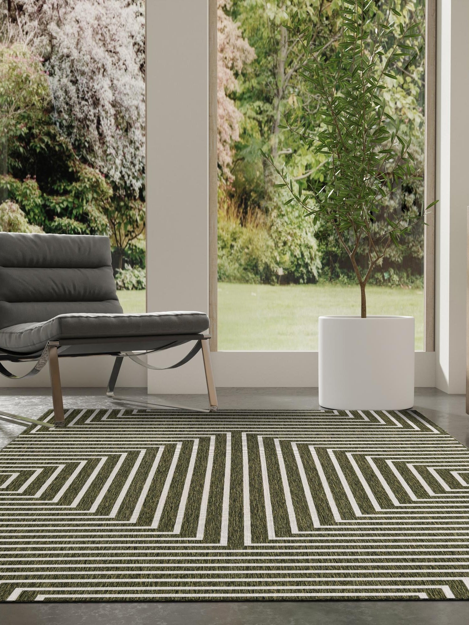 Green 5' 3 x 7' 1 Outdoor Modern Rectangle Area Rug Weather Resistant for Patio, Deck, Terrace, Balcony, Porch 100% Polypropylene Modern Outside Carpet for Sale at Rug Engine