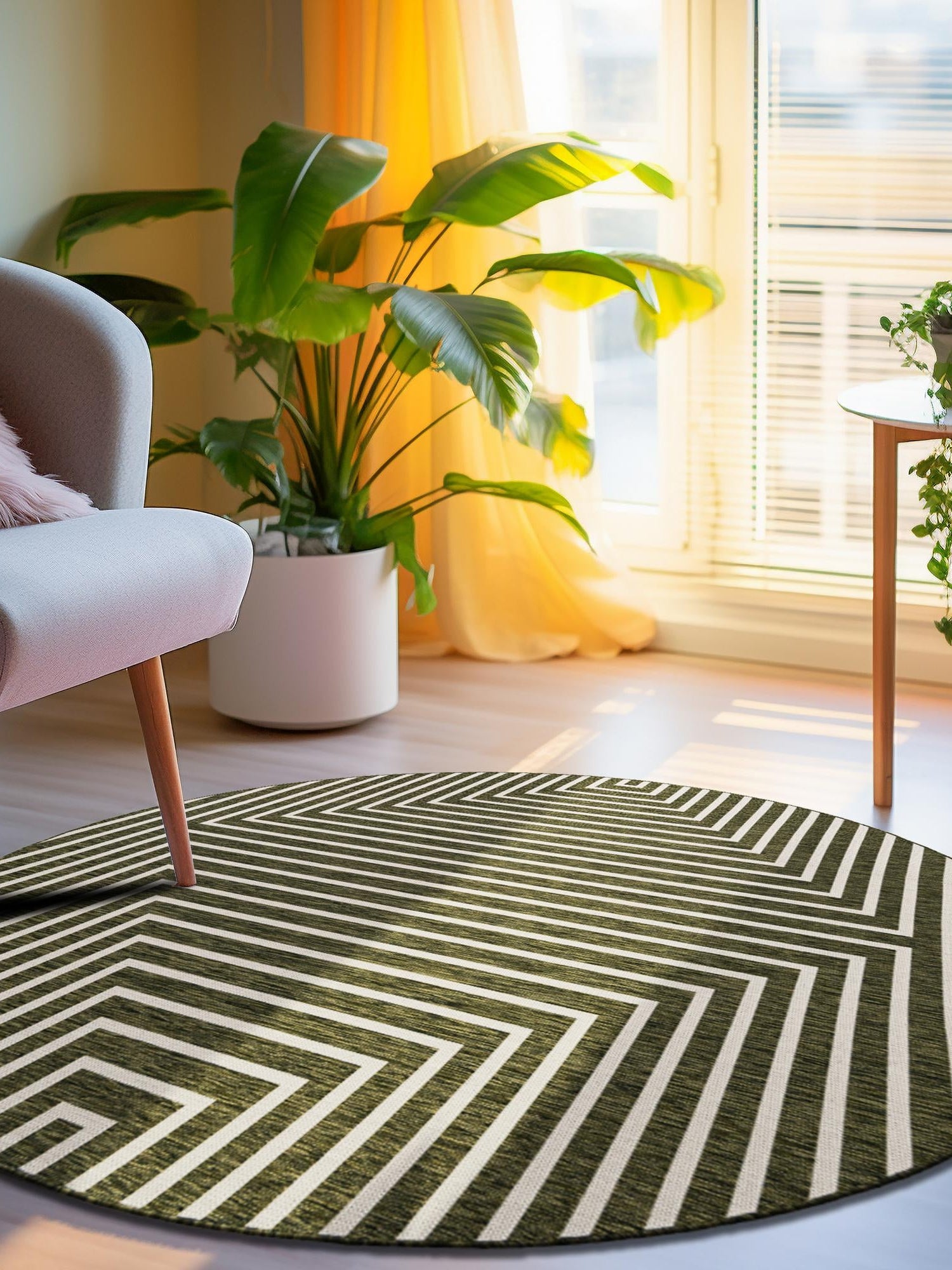 Green 3' 1 x 3' 1 Outdoor Modern Round Area Rug Weather Resistant for Patio, Deck, Terrace, Balcony, Porch 100% Polypropylene Modern Outside Carpet for Sale at Rug Engine