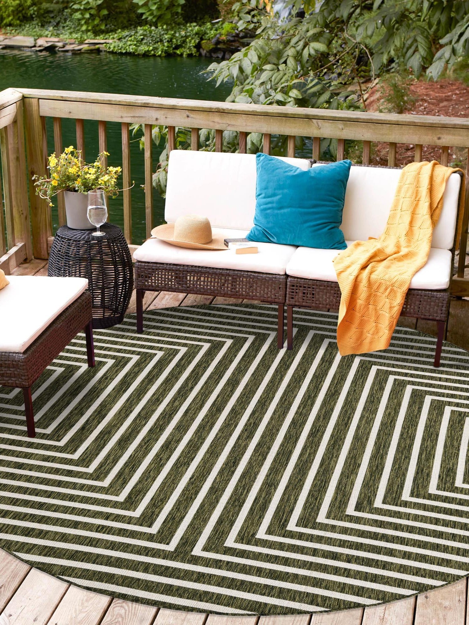 Green 10' x 10' Outdoor Modern Round Area Rug Weather Resistant for Patio, Deck, Terrace, Balcony, Porch 100% Polypropylene Modern Outside Carpet for Sale at Rug Engine