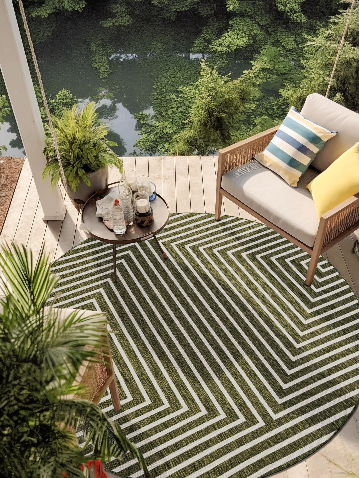 Green 12' x 12' Outdoor Modern Round Area Rug Weather Resistant for Patio, Deck, Terrace, Balcony, Porch 100% Polypropylene Modern Outside Carpet for Sale at Rug Engine