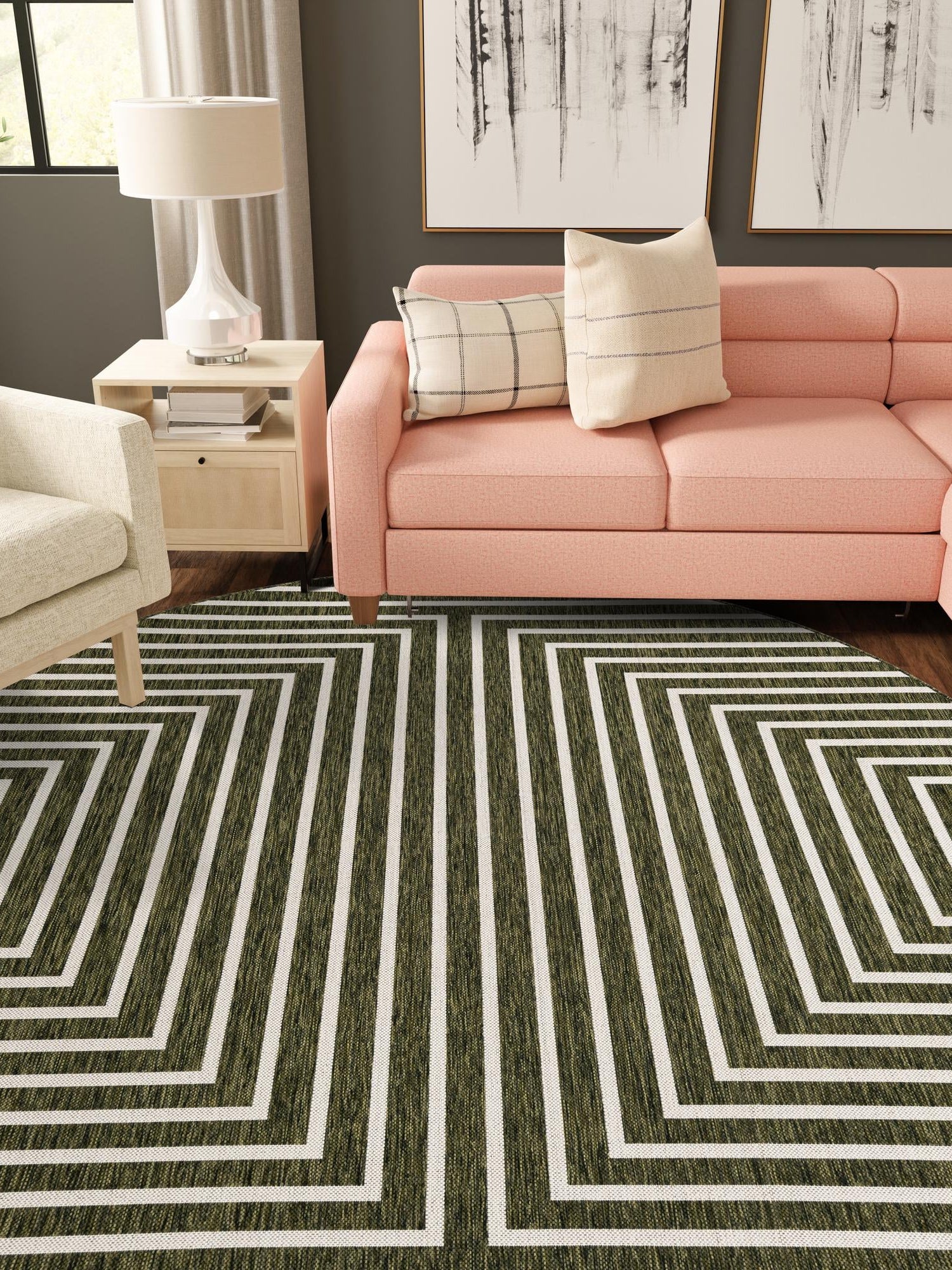 Green 7' 10 x 7' 10 Outdoor Modern Round Area Rug Weather Resistant for Patio, Deck, Terrace, Balcony, Porch 100% Polypropylene Modern Outside Carpet for Sale at Rug Engine