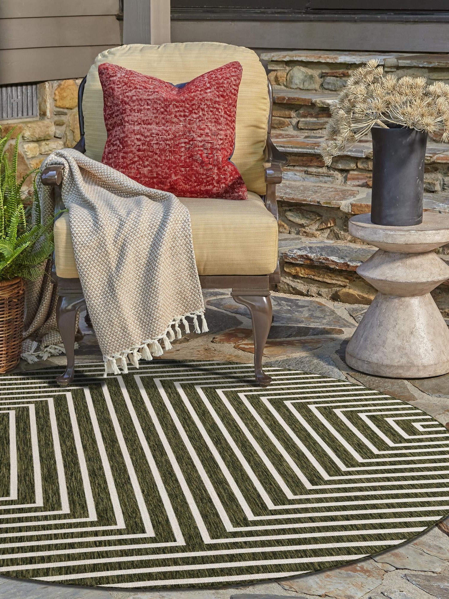 Green 10' x 10' Outdoor Modern Round Area Rug Weather Resistant for Patio, Deck, Terrace, Balcony, Porch 100% Polypropylene Modern Outside Carpet for Sale at Rug Engine