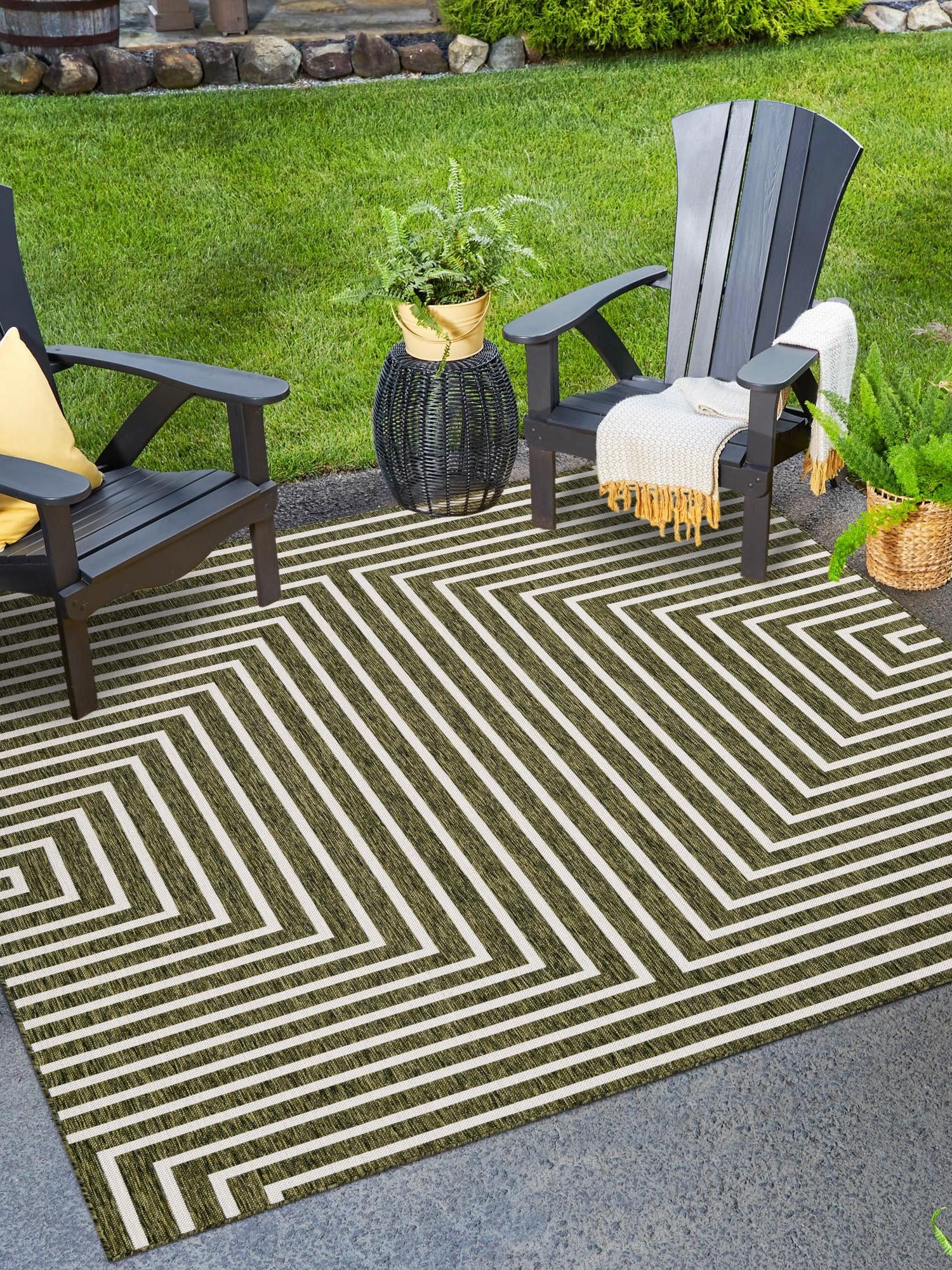 Green 10' x 10' Outdoor Modern Square Area Rug Weather Resistant for Patio, Deck, Terrace, Balcony, Porch 100% Polypropylene Modern Outside Carpet for Sale at Rug Engine
