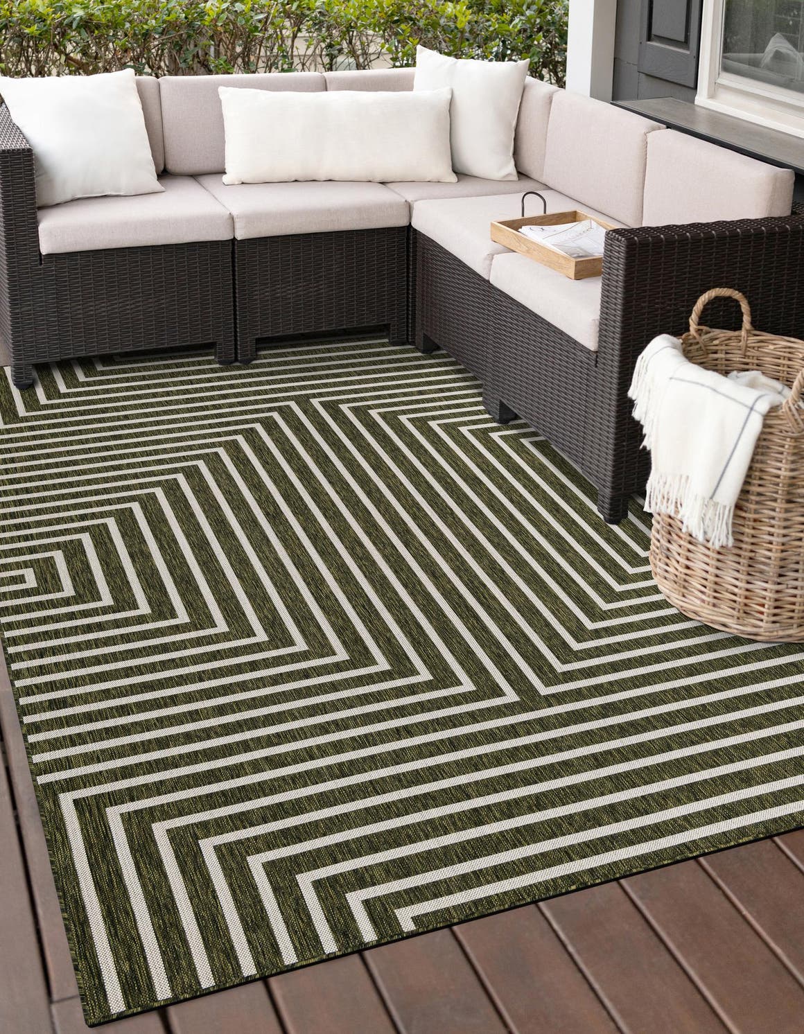 Green 7' 10 x 10' Outdoor Modern Rectangle Area Rug Weather Resistant for Patio, Deck, Terrace, Balcony, Porch 100% Polypropylene Modern Outside Carpet for Sale at Rug Engine