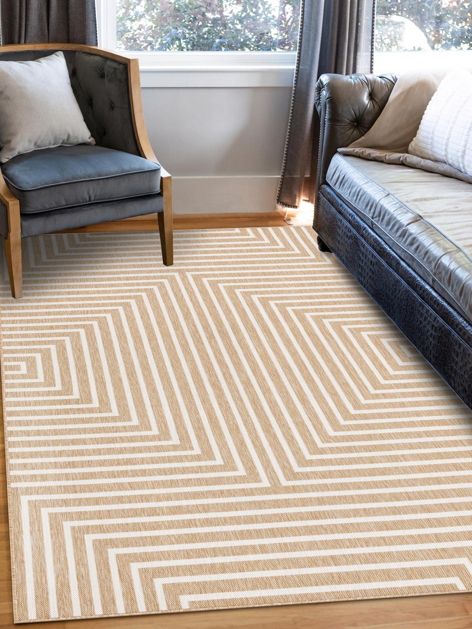 Taupe 7' 10 x 10' Outdoor Modern Rectangle Area Rug Weather Resistant for Patio, Deck, Terrace, Balcony, Porch 100% Polypropylene Modern Outside Carpet for Sale at Rug Engine
