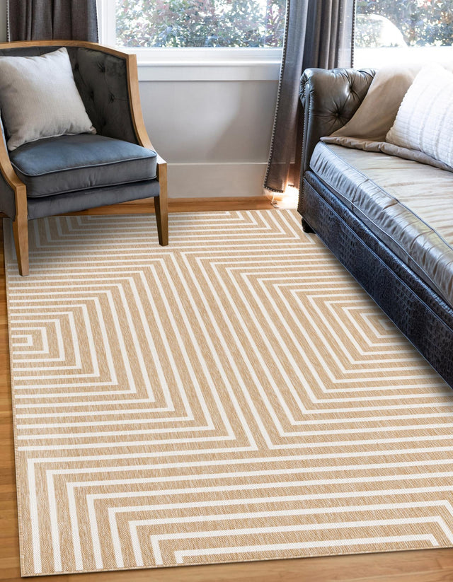 Taupe 4' 1 x 6' 1 Outdoor Modern Rectangle Area Rug Weather Resistant for Patio, Deck, Terrace, Balcony, Porch 100% Polypropylene Modern Outside Carpet for Sale at Rug Engine