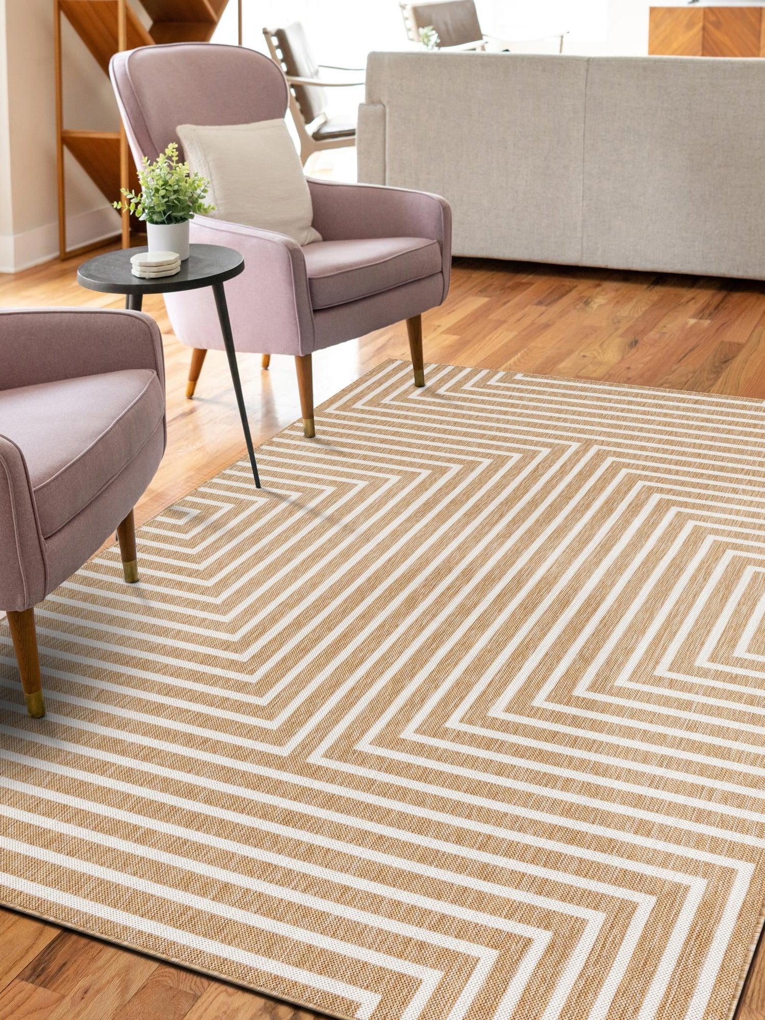 Taupe 5' 3 x 7' 1 Outdoor Modern Rectangle Area Rug Weather Resistant for Patio, Deck, Terrace, Balcony, Porch 100% Polypropylene Modern Outside Carpet for Sale at Rug Engine