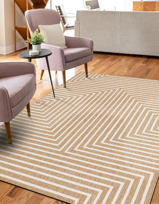 Taupe 5' 3 x 7' 1 Outdoor Modern Rectangle Area Rug Weather Resistant for Patio, Deck, Terrace, Balcony, Porch 100% Polypropylene Modern Outside Carpet for Sale at Rug Engine