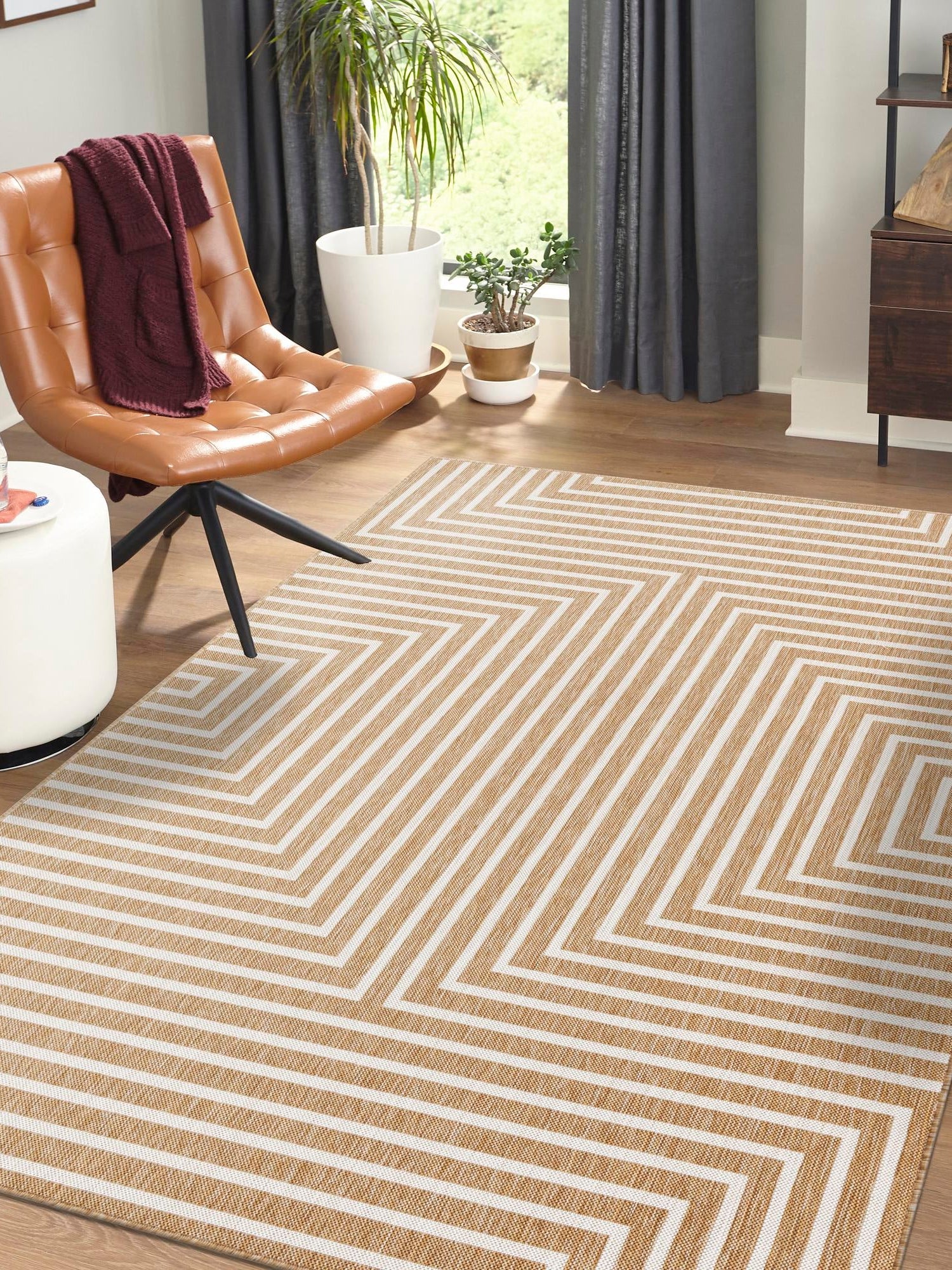 Taupe 4' 1 x 6' 1 Outdoor Modern Rectangle Area Rug Weather Resistant for Patio, Deck, Terrace, Balcony, Porch 100% Polypropylene Modern Outside Carpet for Sale at Rug Engine