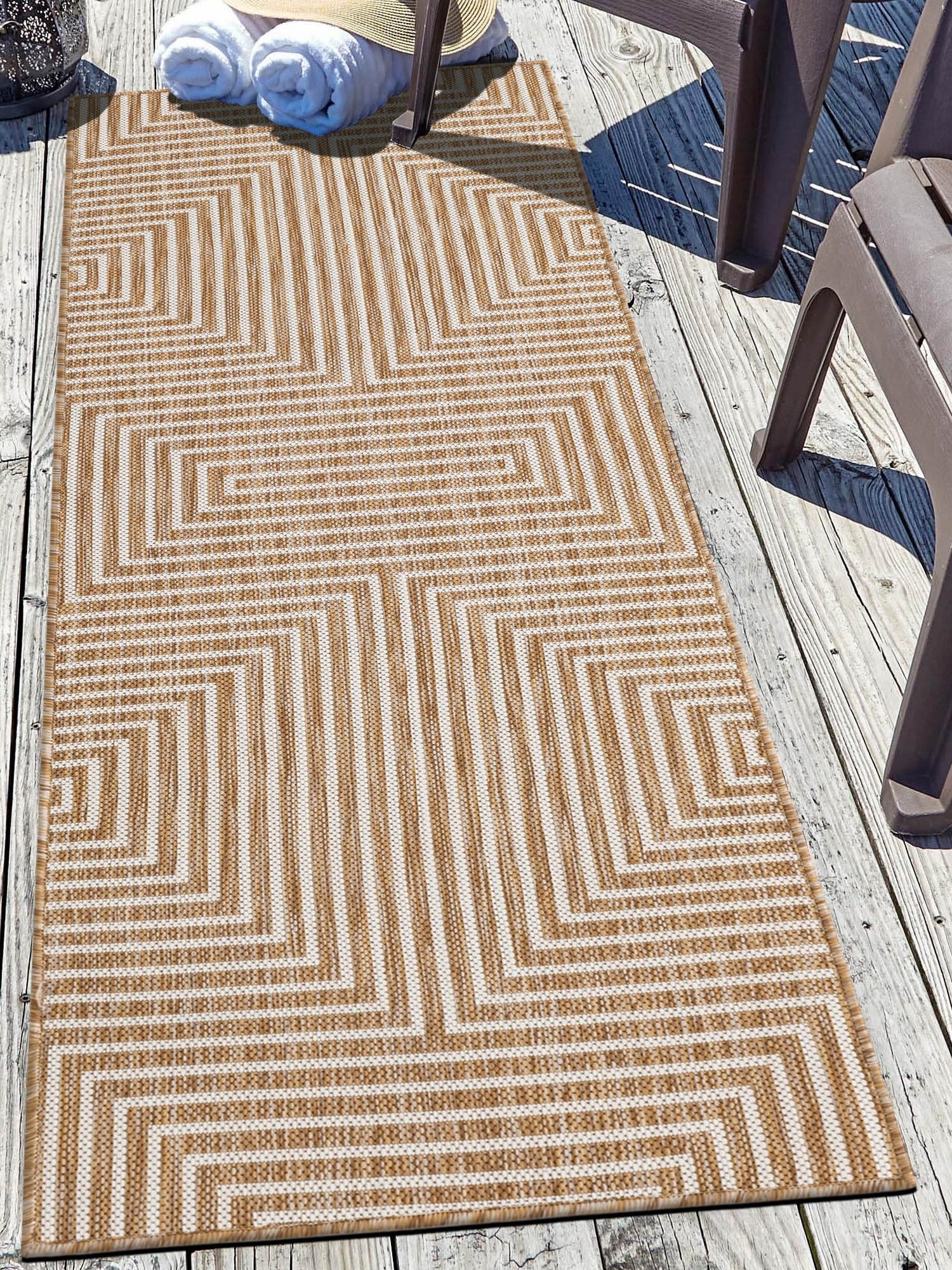 Taupe 2' x 5' 3 Outdoor Modern Runner Area Rug Weather Resistant for Patio, Deck, Terrace, Balcony, Porch 100% Polypropylene Modern Outside Carpet for Sale at Rug Engine