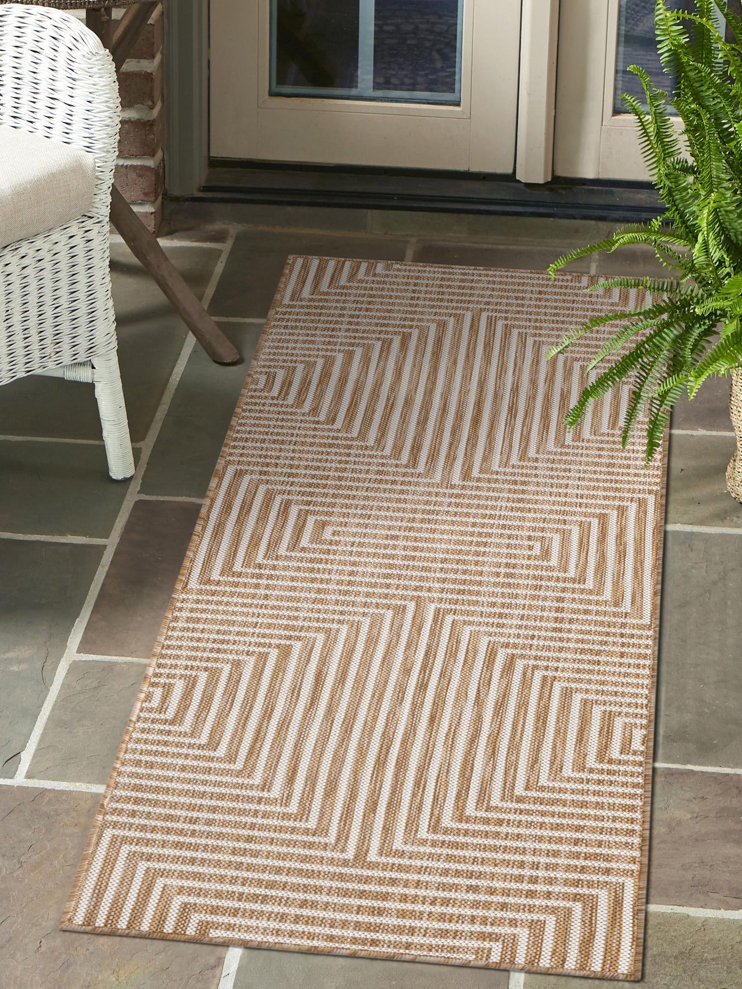 Taupe 2' 7 x 12' Outdoor Modern Runner Area Rug Weather Resistant for Patio, Deck, Terrace, Balcony, Porch 100% Polypropylene Modern Outside Carpet for Sale at Rug Engine